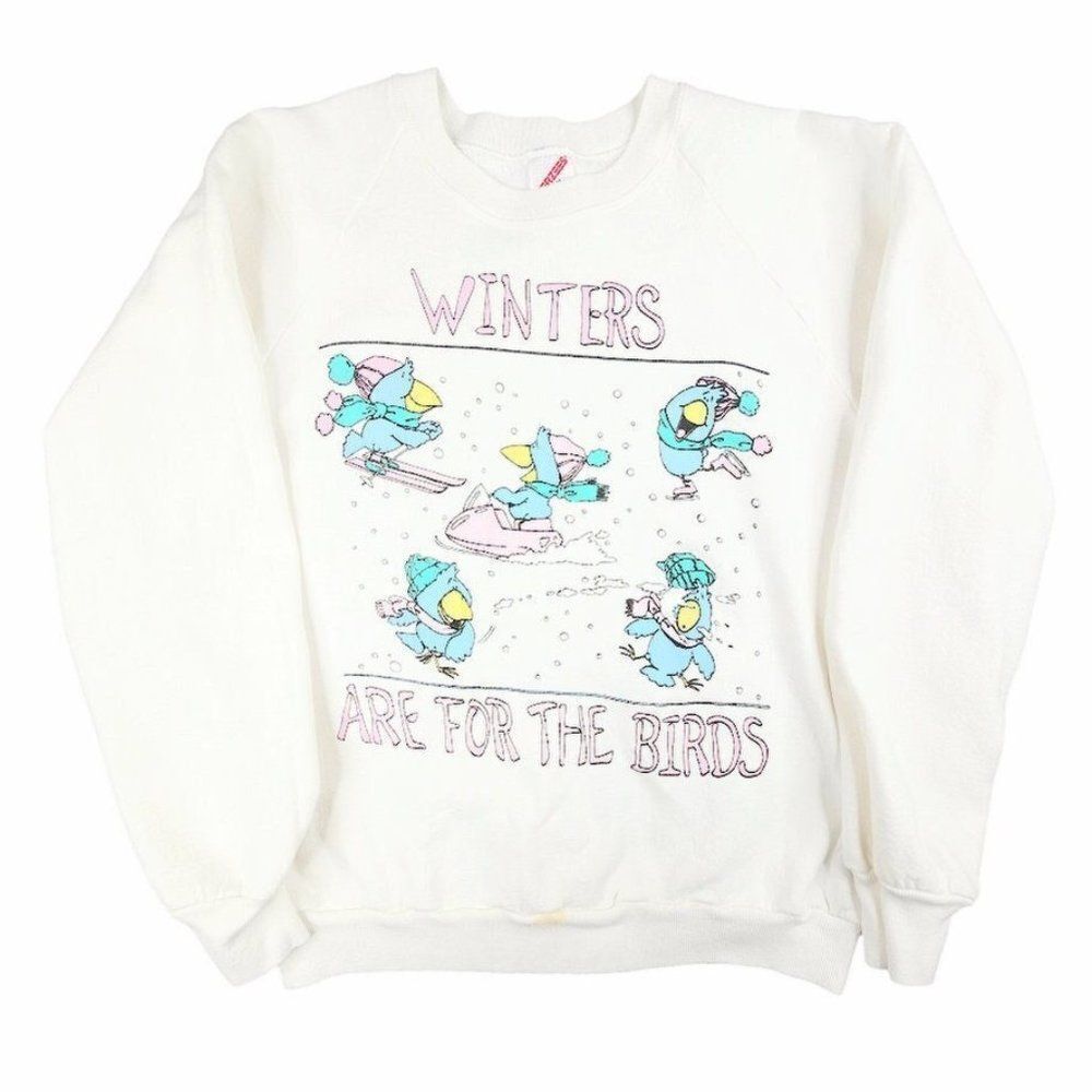 Vintage Ski Birds Sweatshirt Mens Size Small White 80s Snowmobile Made In Usa